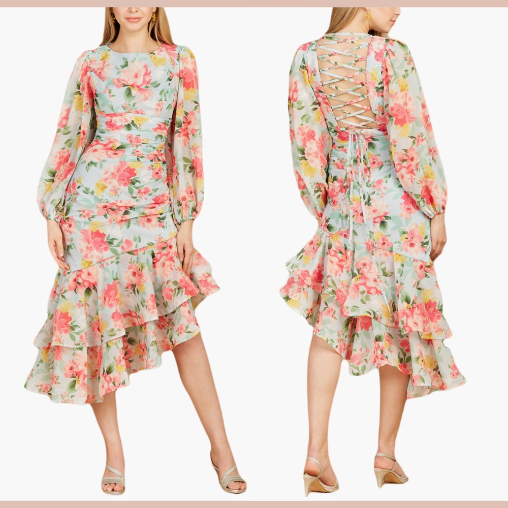 NEW $458 LARA New‎ York [ 4  ] High Neck Lace Up Long Sleeve Midi Dress J2033